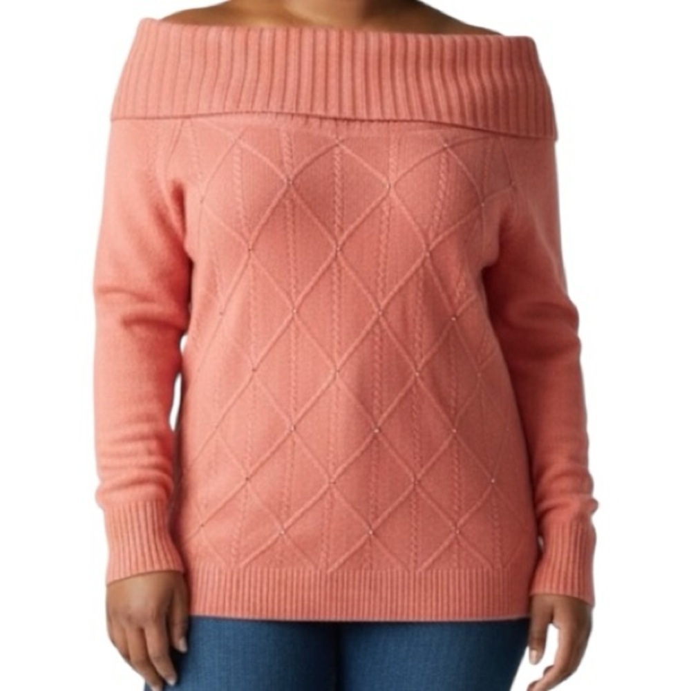 New York & Company Sweater, Cable Knit, Coral, Cowl neck, Embellished, Cozy,NWOT